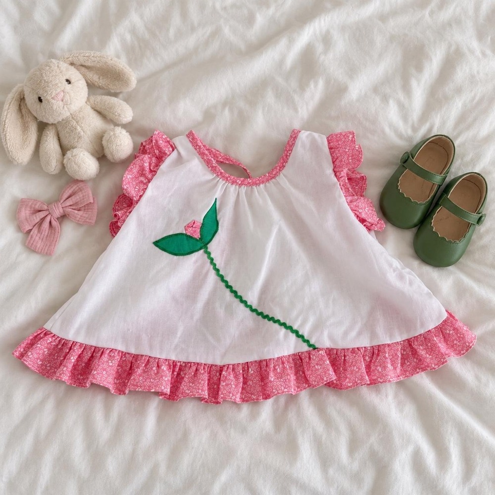 Pink Rose Baby Dress  60s Vintage pink white baby dress size 3  months